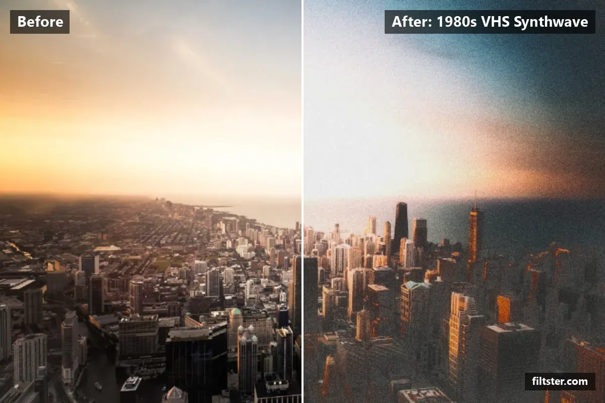 1980s VHS Synthwave filter before and after. Adds strong contrast, opens up the shadows, recovers bright highlights, lifts the blacks for a faded, matte finish, tints shadows blue and highlights magenta, gives a soft, dreamy glow, adds film grain and darkens the corners with a vignette.