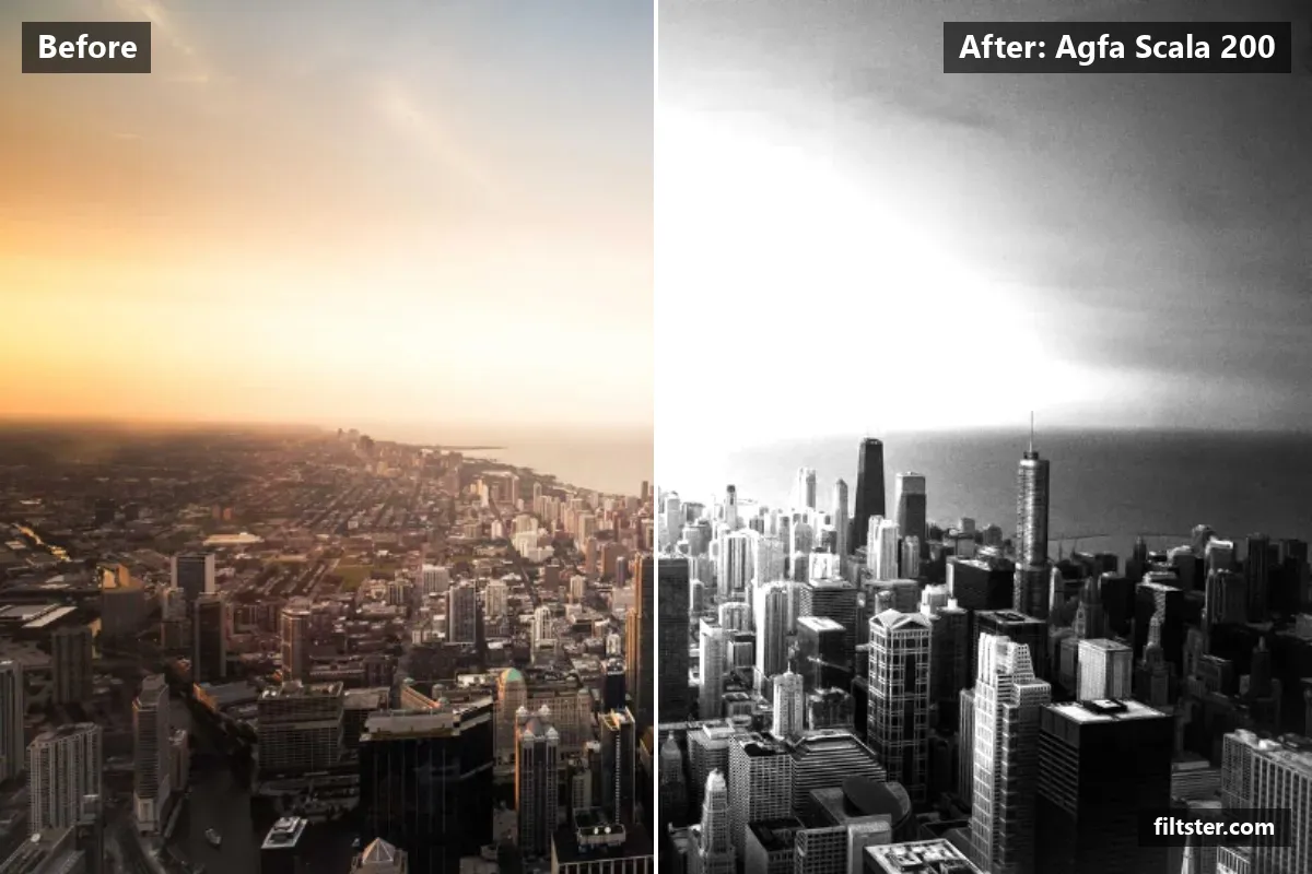 Agfa Scala 200 filter before and after. Turns the picture black and white, adds strong contrast and adds film grain.