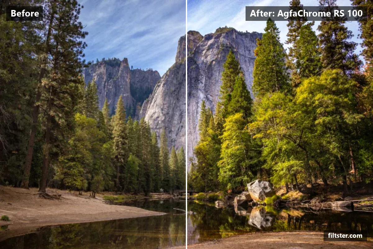 AgfaChrome RS 100 filter before and after. Adds film grain.