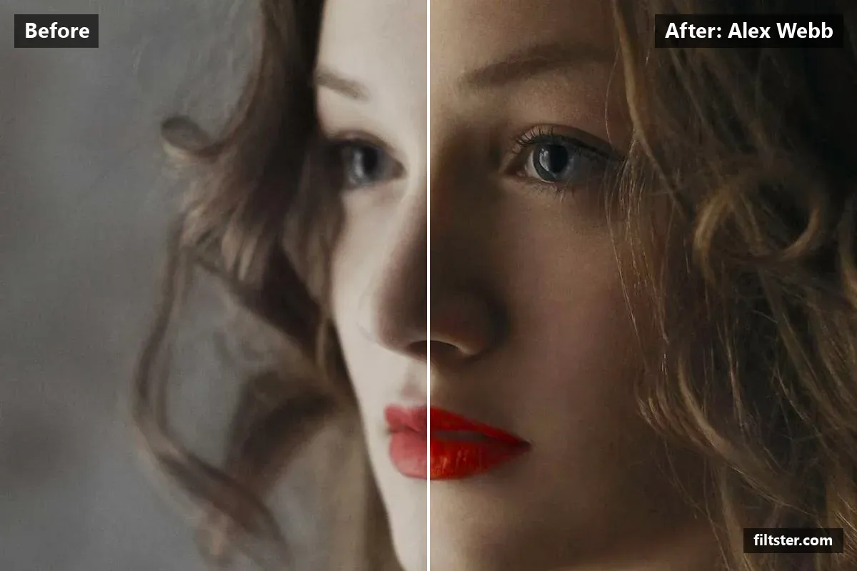 Alex Webb filter before and after. Adds strong contrast, opens up the shadows, recovers bright highlights and tints shadows blue and highlights orange.