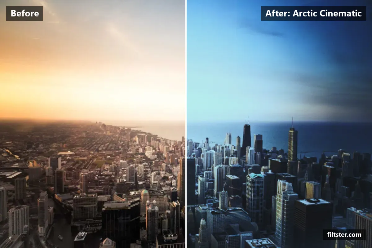 Arctic Cinematic filter before and after. Recovers bright highlights, lifts the blacks for a faded, matte finish, cools the colours down and adds a blue cast to the shadows.