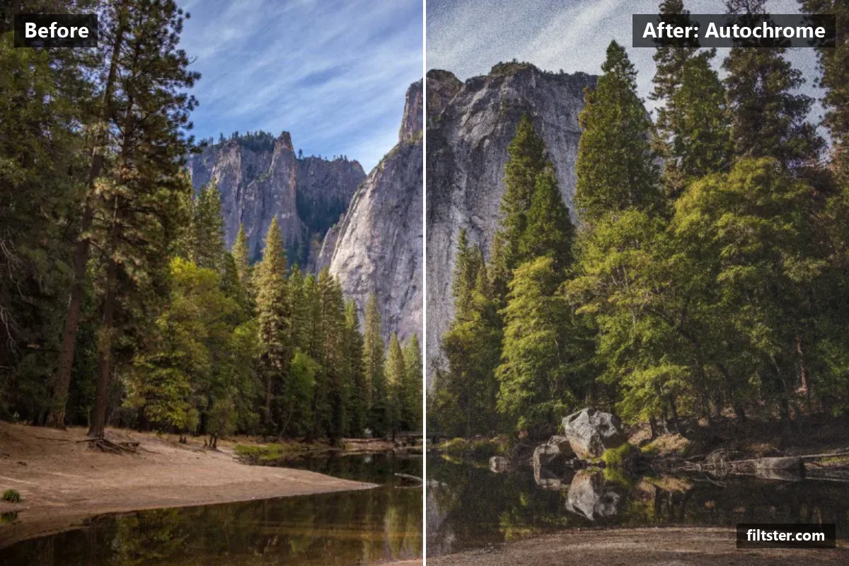 Autochrome filter before and after. Softens contrast, opens up the shadows, recovers bright highlights, lifts the blacks for a faded, matte finish, mutes the colours, adds film grain and darkens the corners with a vignette.