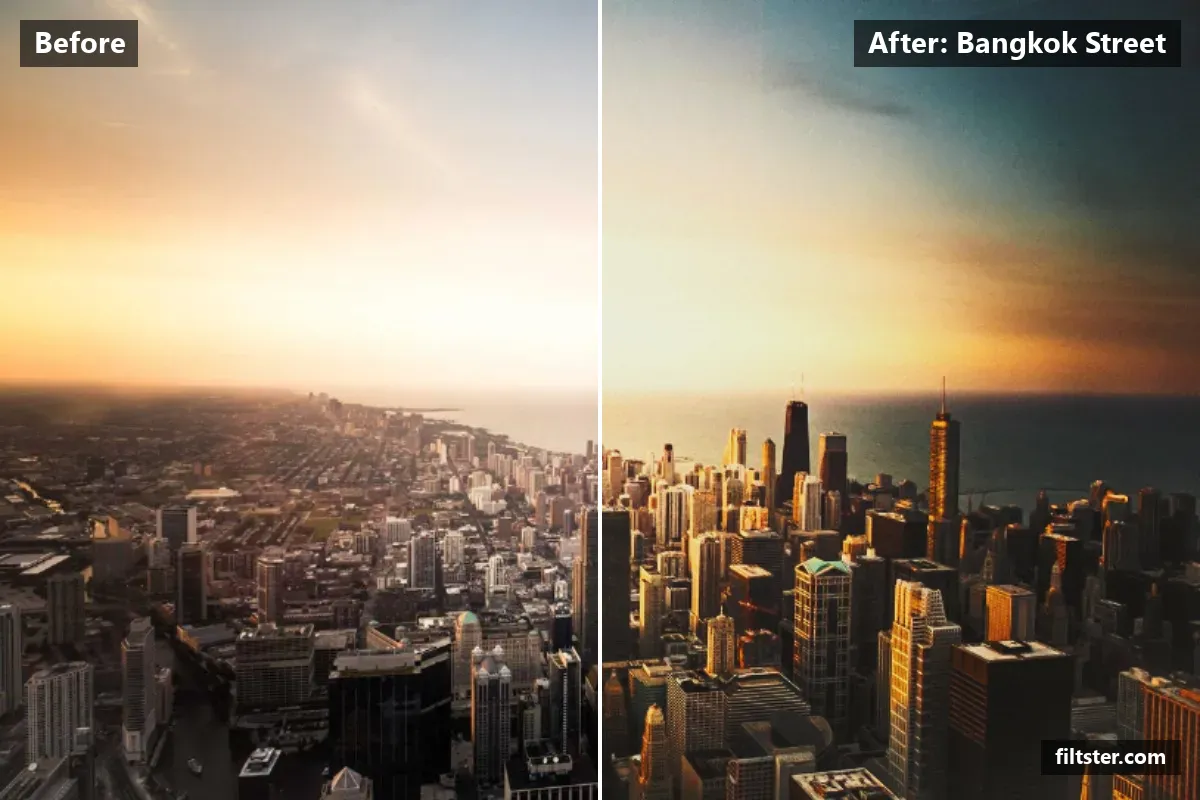 Bangkok Street filter before and after. Adds strong contrast, opens up the shadows, recovers bright highlights, lifts the blacks for a faded, matte finish, warms up the colours, adds a orange cast to the shadows and adds film grain.