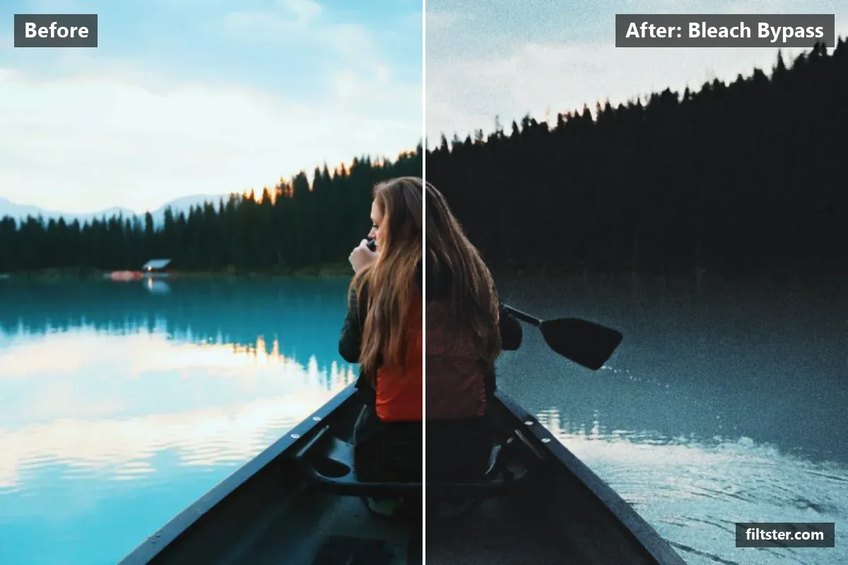 Bleach Bypass filter before and after. Darkens the exposure for a moodier feel, adds strong contrast, recovers bright highlights, lifts the blacks for a faded, matte finish, sharpens mid-tone detail, cuts through haze and adds film grain.