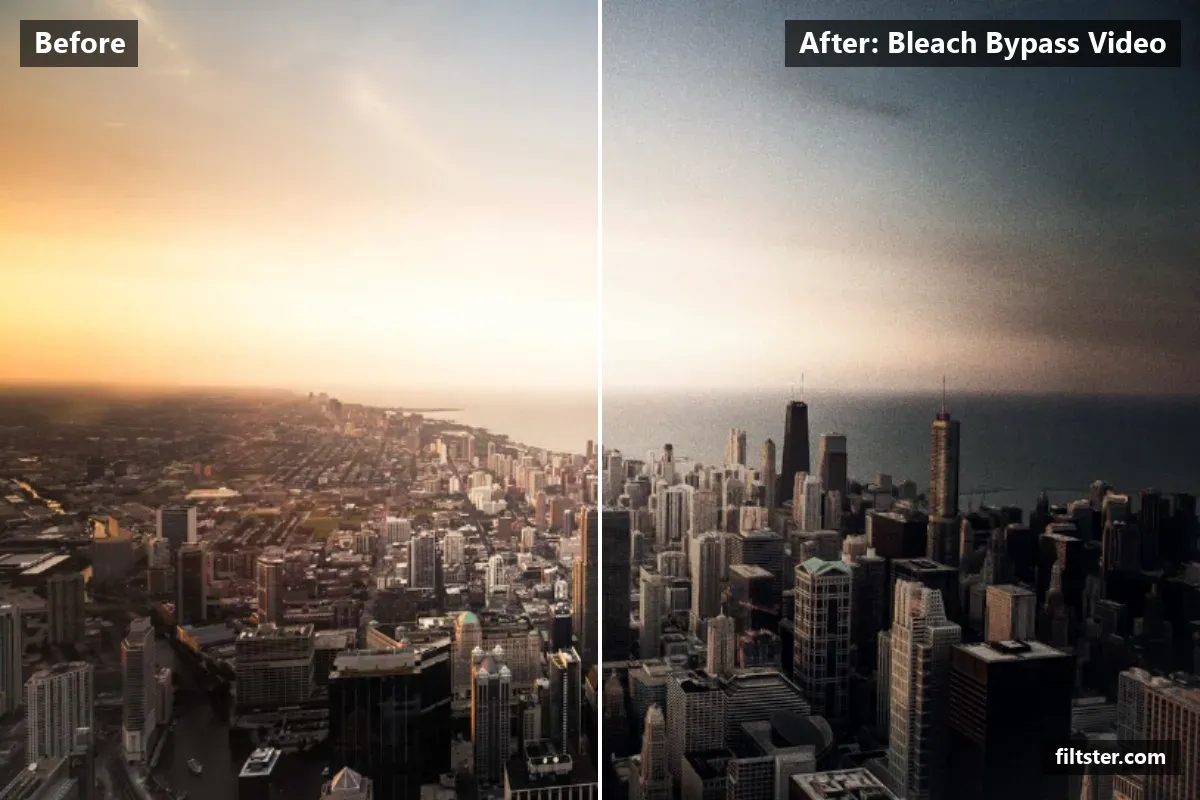 Bleach Bypass Video filter before and after. Darkens the exposure for a moodier feel, adds strong contrast, recovers bright highlights and adds film grain.