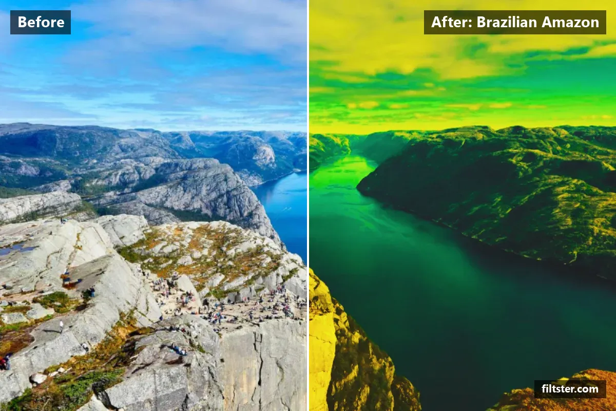Brazilian Amazon filter before and after. Opens up the shadows, recovers bright highlights, lifts the blacks for a faded, matte finish and warms up the colours.