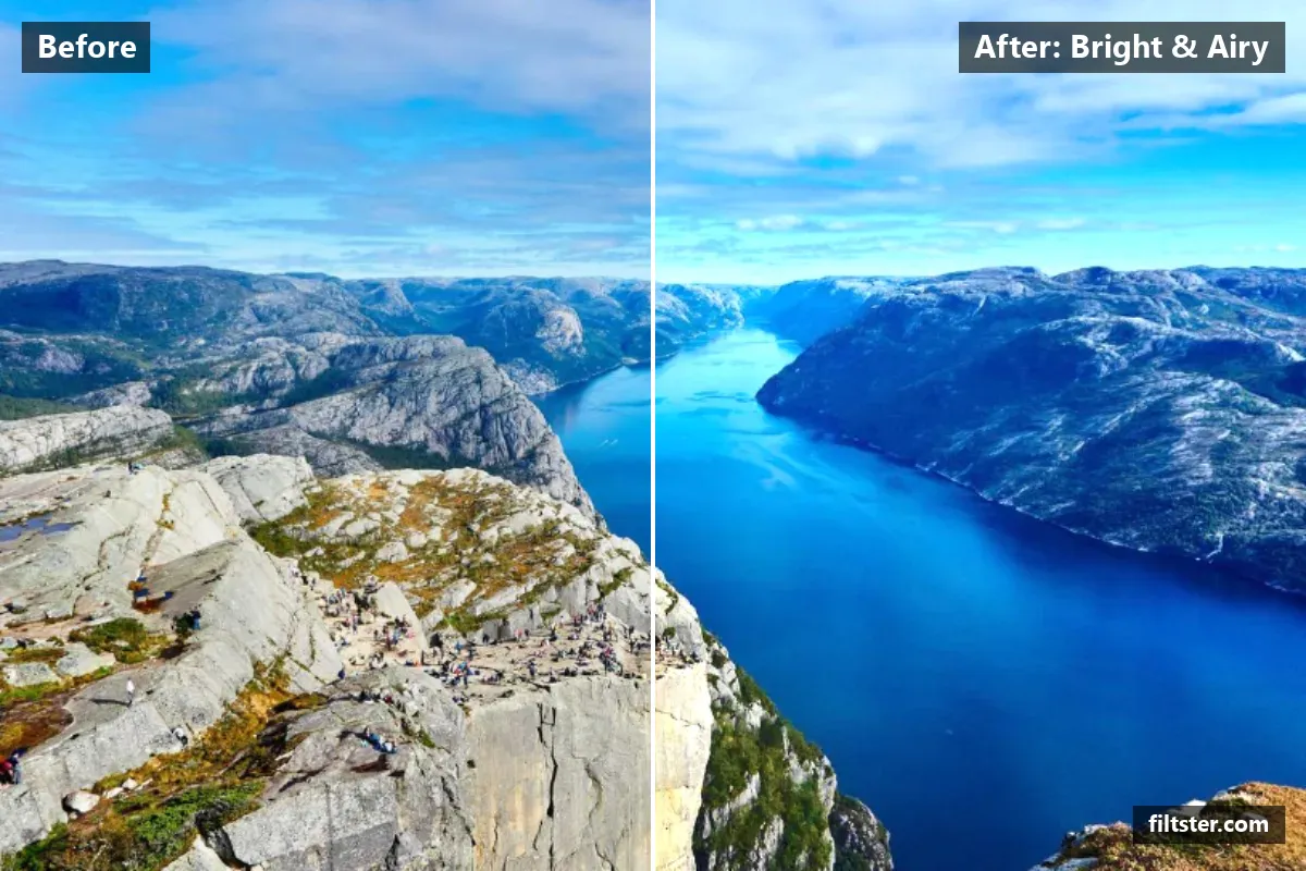 Bright & Airy filter before and after. Brightens the whole frame, softens contrast, opens up the shadows and recovers bright highlights.