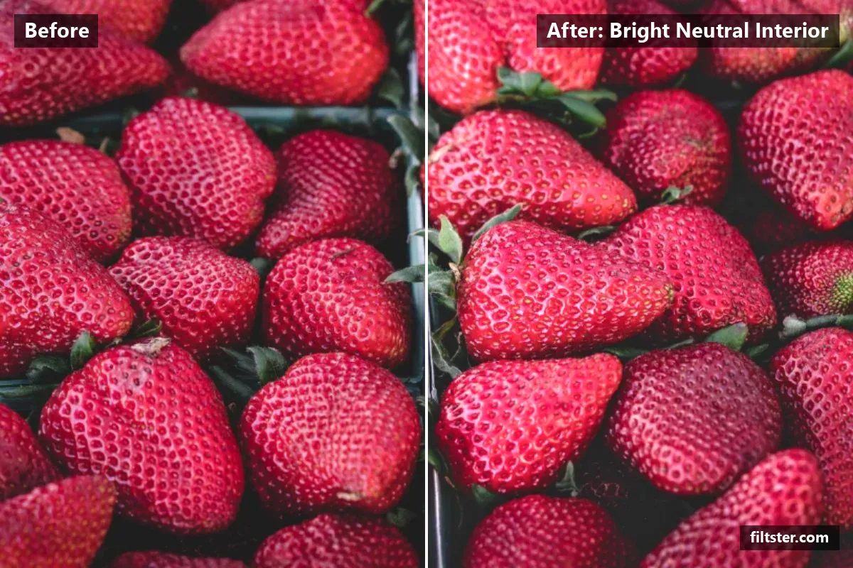 Bright Neutral Interior filter before and after. Brightens the whole frame, opens up the shadows and recovers bright highlights.