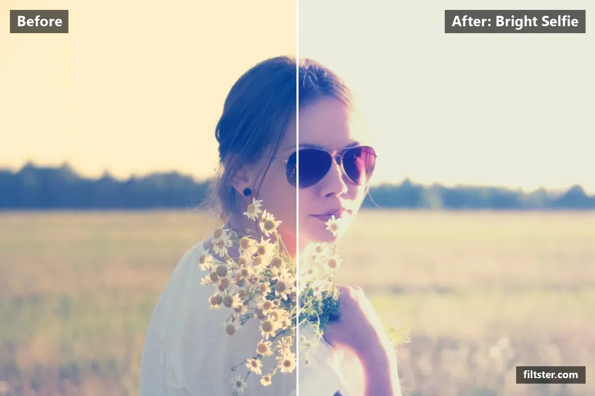 Bright Selfie filter before and after. Brightens the whole frame, opens up the shadows and lifts the blacks for a faded, matte finish.