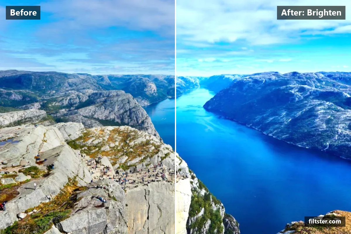 Brighten filter before and after. Brightens the whole frame and opens up the shadows.