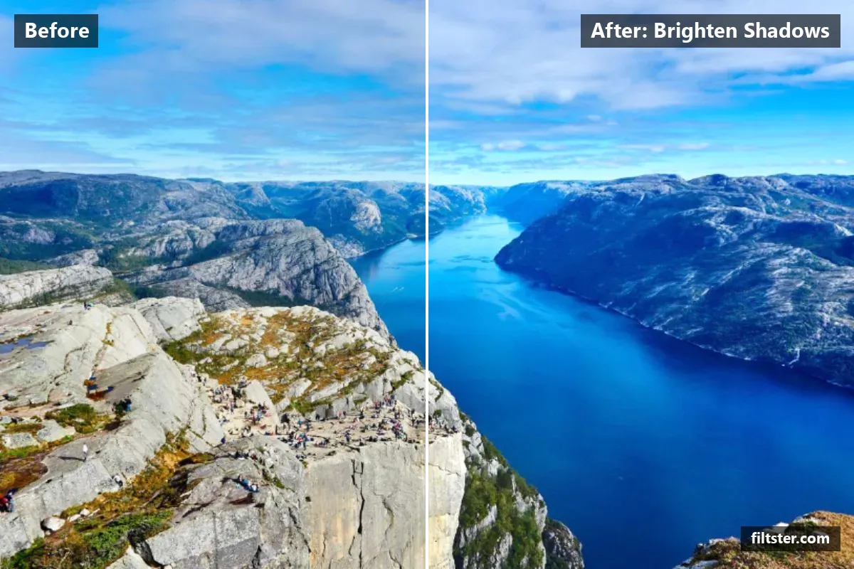 Brighten Shadows filter before and after. Opens up the shadows.