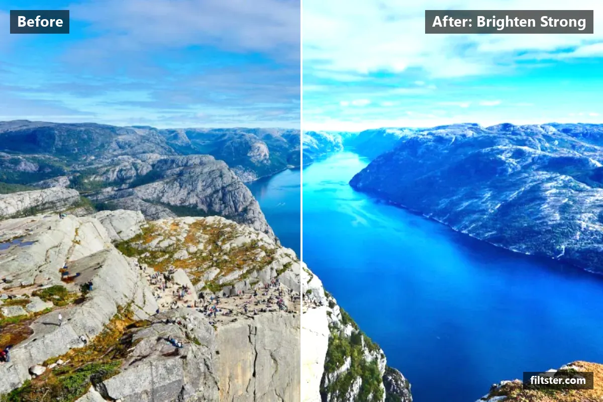Brighten Strong filter before and after. Brightens the whole frame, opens up the shadows and recovers bright highlights.