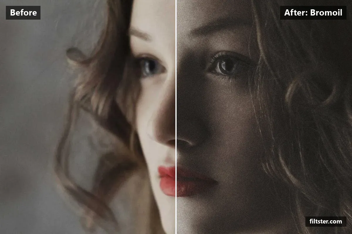 Bromoil filter before and after. Lifts the blacks for a faded, matte finish, mutes the colours, adds a orange cast to the shadows and adds film grain.