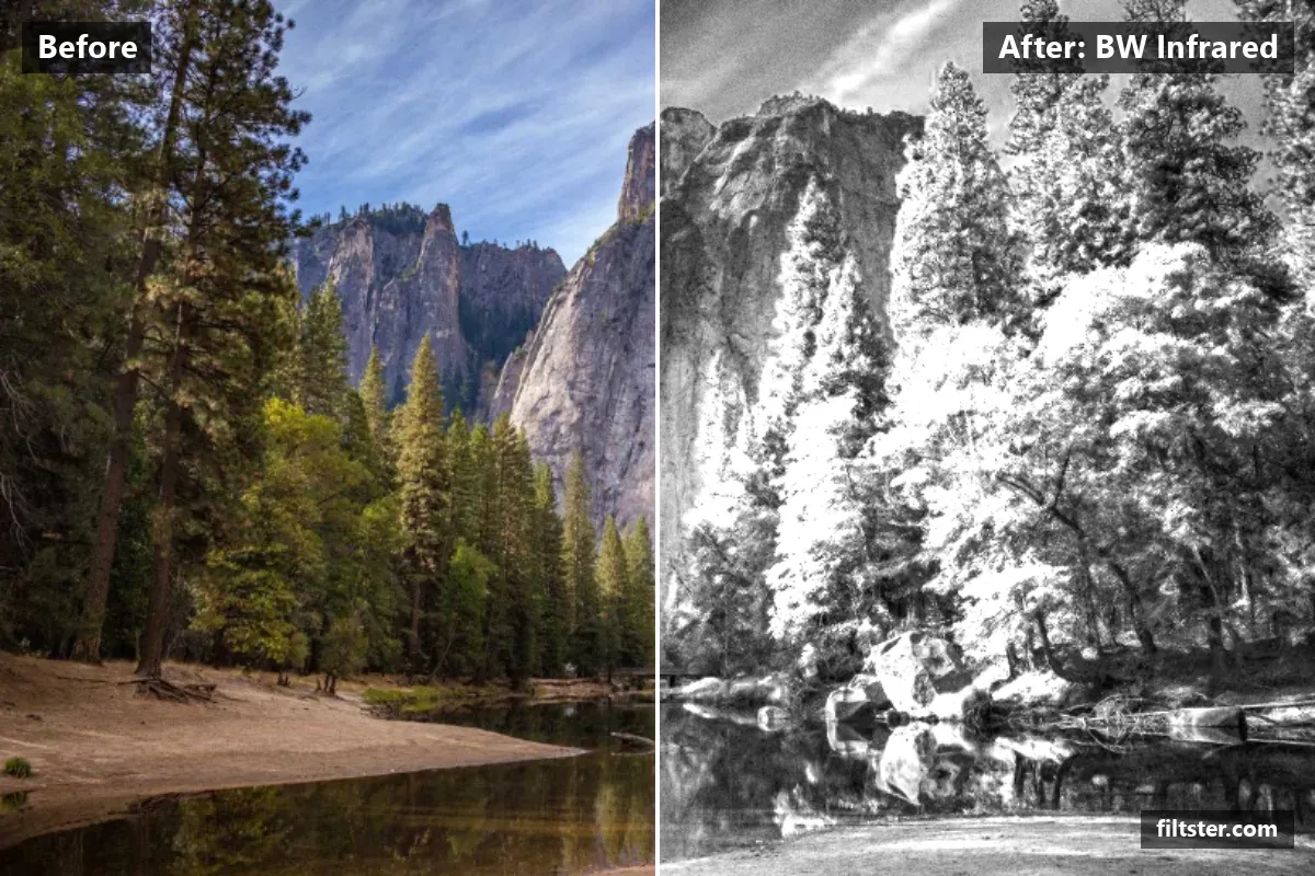 BW Infrared filter before and after. Turns the picture black and white, brightens the whole frame, adds strong contrast, recovers bright highlights and adds film grain.