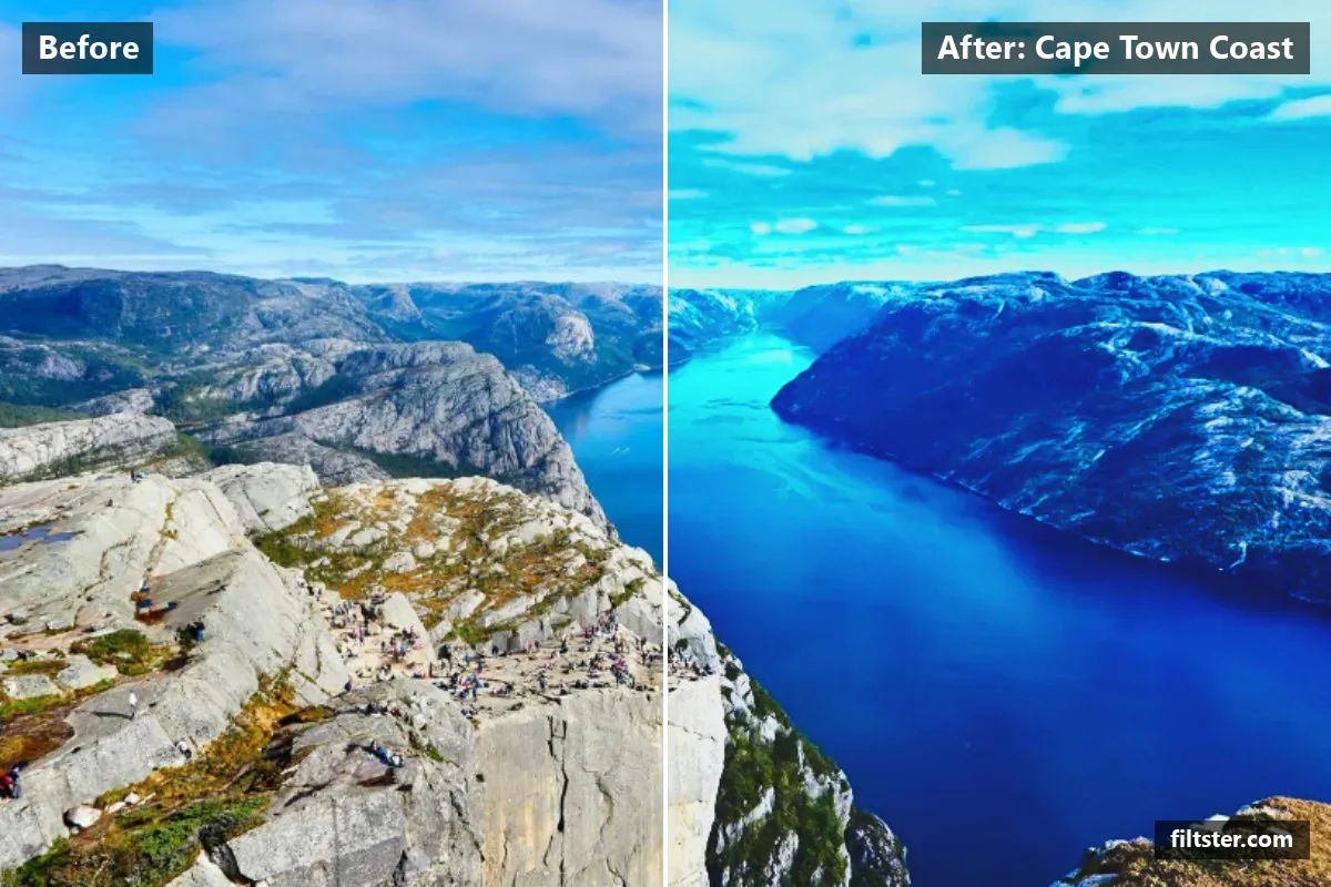 Cape Town Coast filter before and after. Recovers bright highlights and lifts the blacks for a faded, matte finish.
