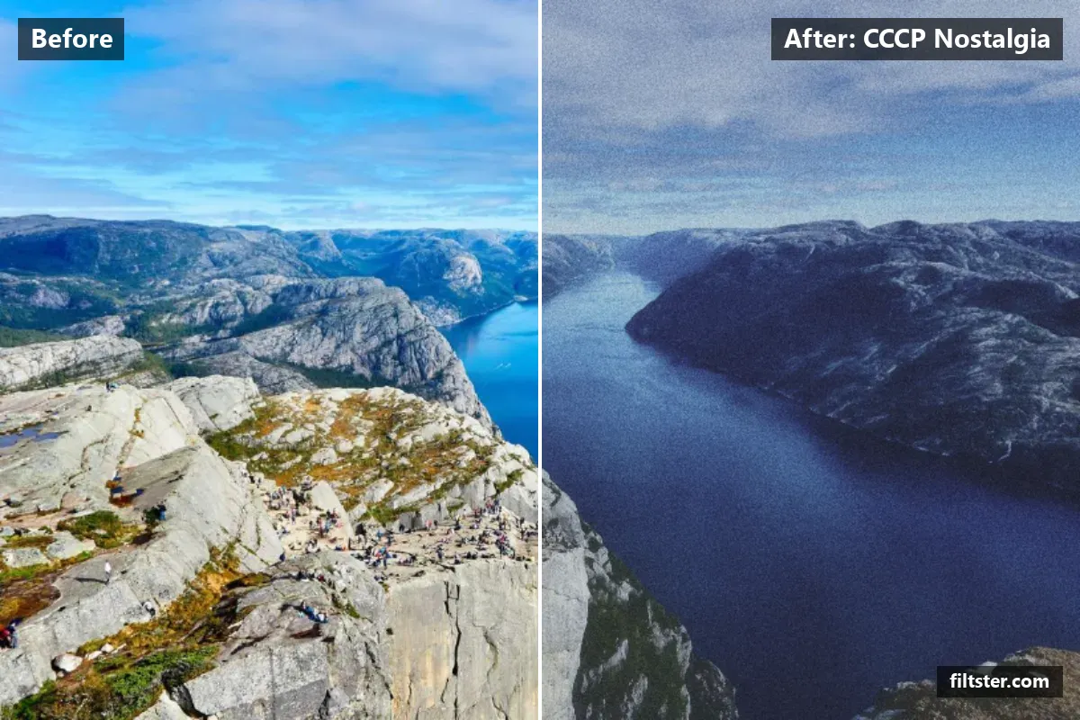 CCCP Nostalgia filter before and after. Softens contrast, opens up the shadows, lifts the blacks for a faded, matte finish, cools the colours down, mutes the colours, adds a blue cast to the shadows, gives a soft, dreamy glow and adds film grain.