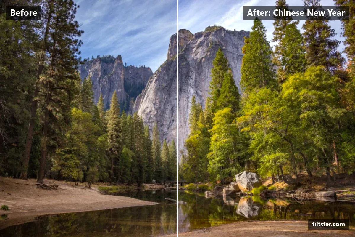 Chinese New Year filter before and after. Recovers bright highlights and adds a orange glow to the highlights.