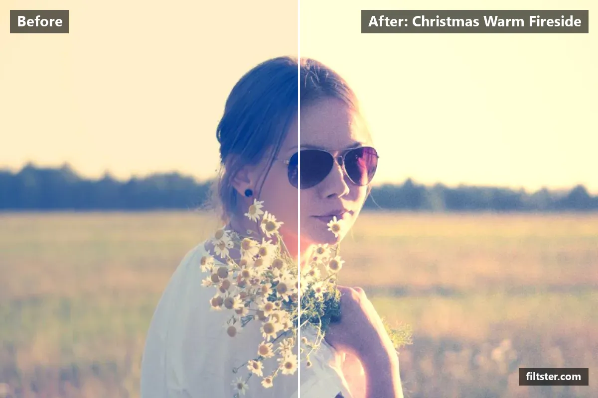 Christmas Warm Fireside filter before and after. Opens up the shadows, recovers bright highlights, adds a orange glow to the highlights and adds film grain.