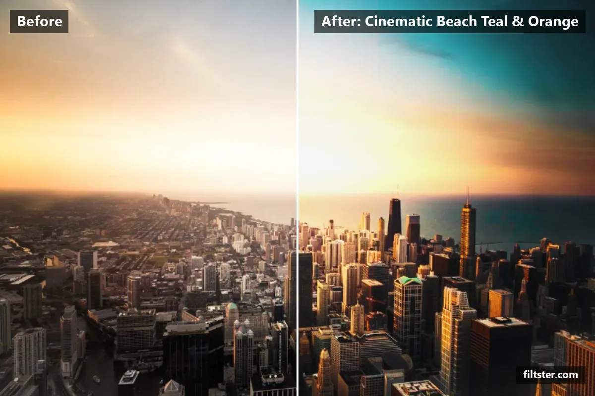 Cinematic Beach Teal & Orange filter before and after. Recovers bright highlights and adds a golden glow to the highlights.