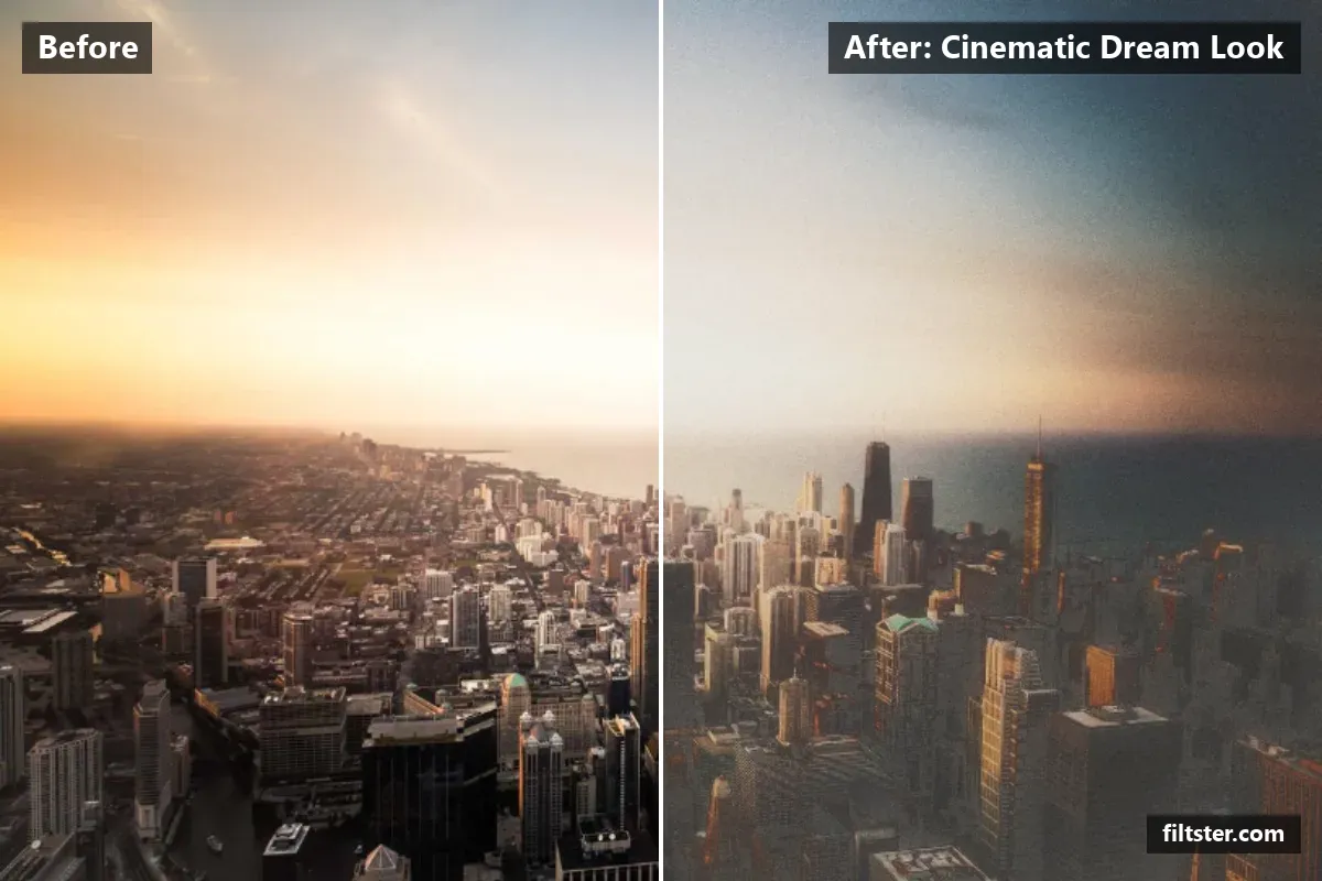 Cinematic Dream Look filter before and after. Softens contrast, opens up the shadows, recovers bright highlights, lifts the blacks for a faded, matte finish, adds a golden glow to the highlights, gives a soft, dreamy glow, adds film grain and darkens the corners with a vignette.