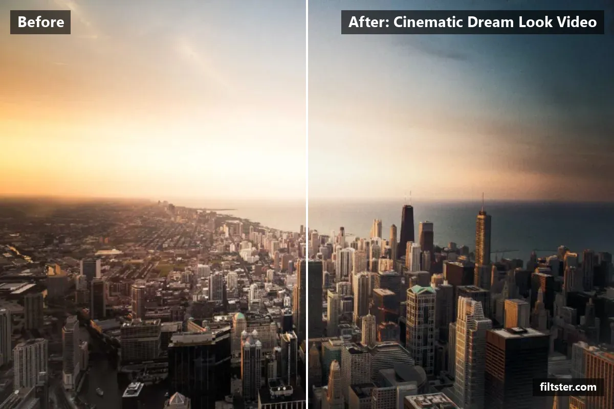 Cinematic Dream Look Video filter before and after. Softens contrast, opens up the shadows, recovers bright highlights, adds a golden glow to the highlights and darkens the corners with a vignette.