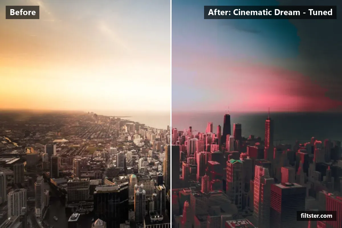 Cinematic Dream - Tuned filter before and after. Opens up the shadows, recovers bright highlights, lifts the blacks for a faded, matte finish, cools the colours down, makes colours more vivid and adds a yellow-green glow to the highlights.