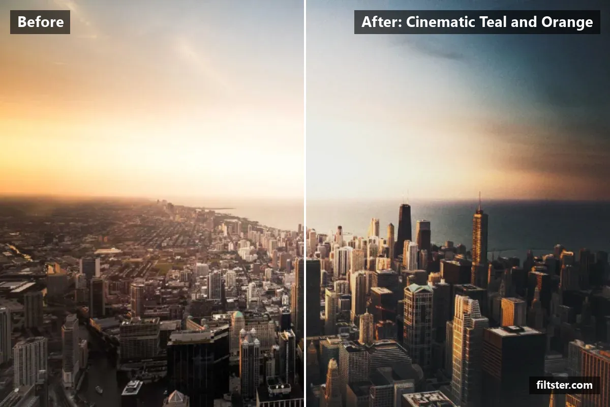 Cinematic Teal and Orange filter before and after. Opens up the shadows, recovers bright highlights, lifts the blacks for a faded, matte finish, tints shadows blue and highlights orange and adds film grain.
