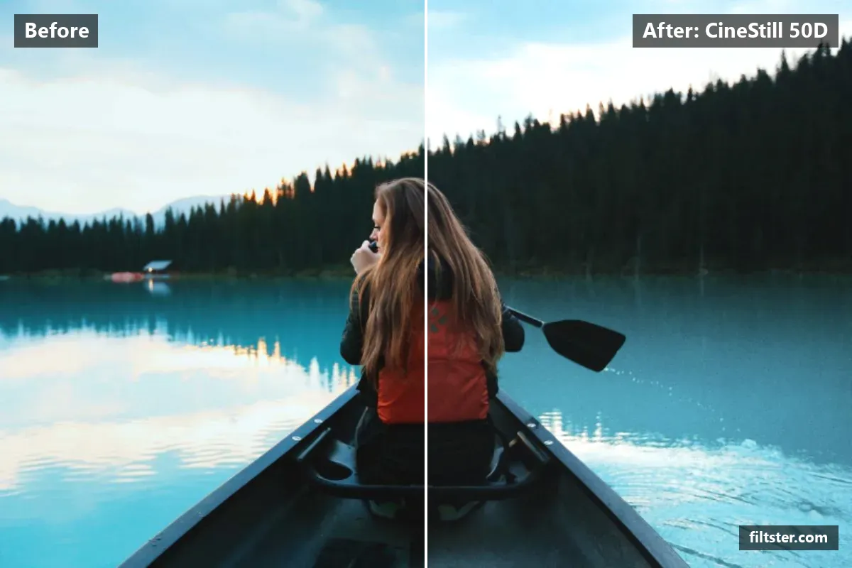 CineStill 50D filter before and after. Brightens the whole frame, mutes the colours and adds film grain.