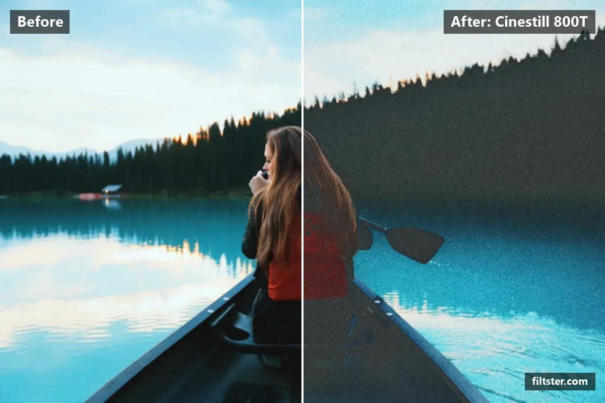 Cinestill 800T filter before and after. Brightens the whole frame, opens up the shadows, recovers bright highlights, lifts the blacks for a faded, matte finish, tints shadows blue and highlights golden and adds film grain.