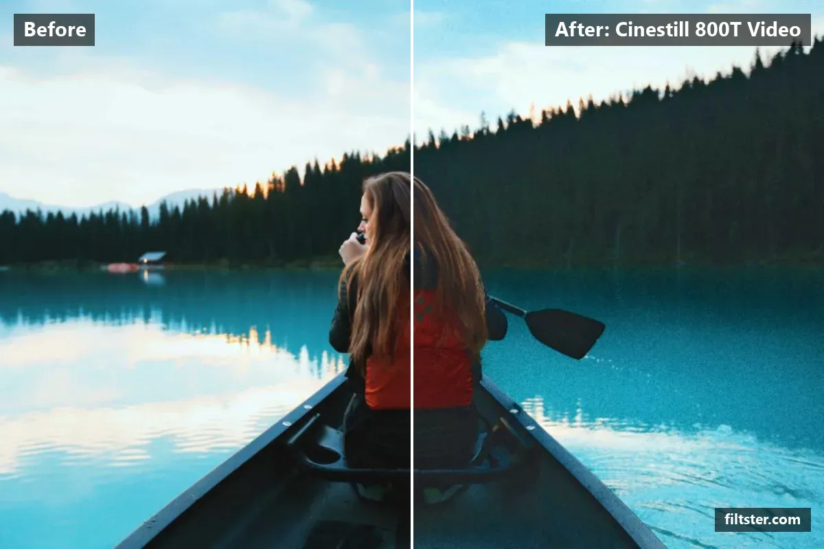 Cinestill 800T Video filter before and after. Brightens the whole frame, opens up the shadows, recovers bright highlights, tints shadows blue and highlights golden and adds film grain.