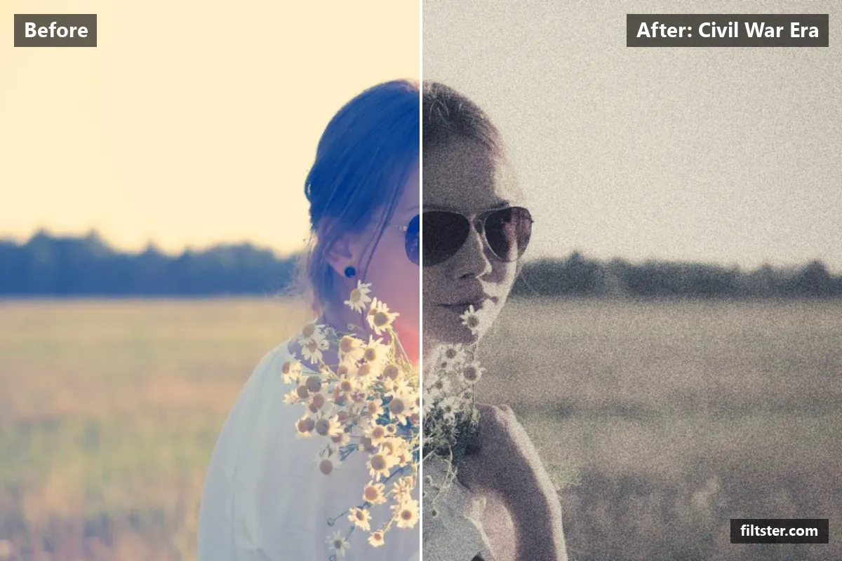 Civil War Era filter before and after. Darkens the exposure for a moodier feel, adds strong contrast, recovers bright highlights, mutes the colours, cuts through haze, adds film grain and darkens the corners with a vignette.