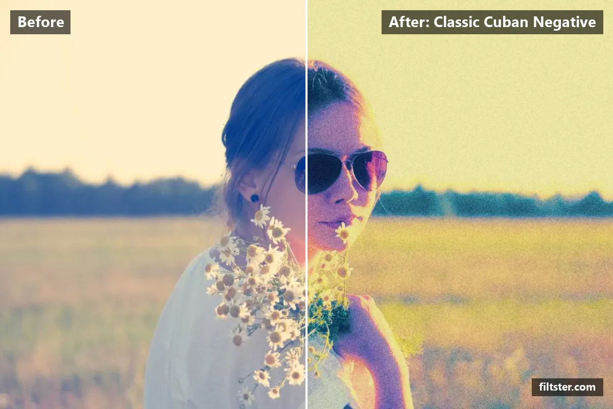 Classic Cuban Negative filter before and after. Brightens the whole frame, recovers bright highlights, lifts the blacks for a faded, matte finish, makes colours more vivid, adds a golden glow to the highlights, gives a soft, dreamy glow and adds film grain.
