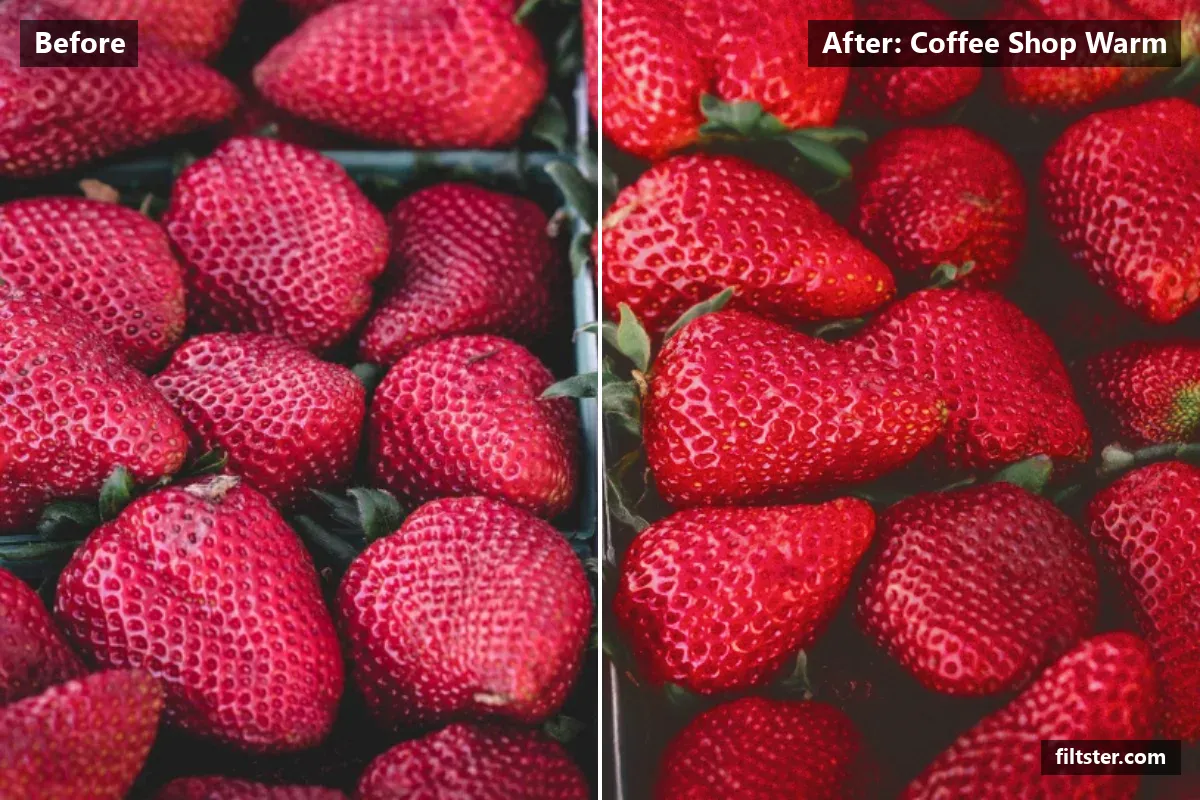 Coffee Shop Warm filter before and after. Opens up the shadows, recovers bright highlights, lifts the blacks for a faded, matte finish, warms up the colours and adds a orange cast to the shadows.