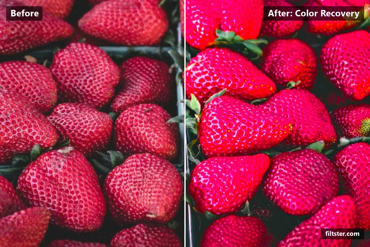 Color Recovery filter before and after. Brightens the whole frame, adds strong contrast, makes colours more vivid and cuts through haze.