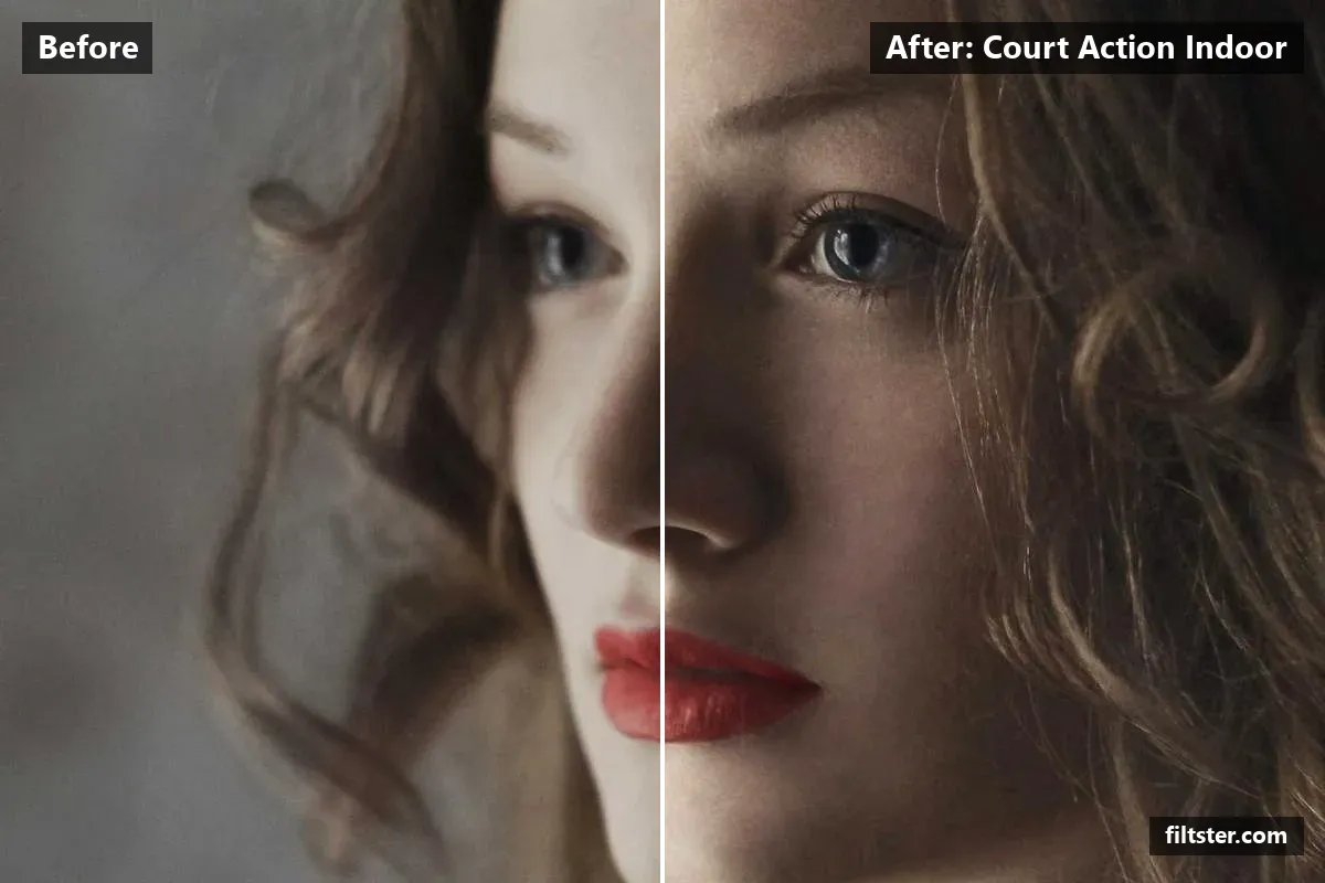 Court Action Indoor filter before and after. Brightens the whole frame, adds strong contrast, recovers bright highlights and sharpens mid-tone detail.