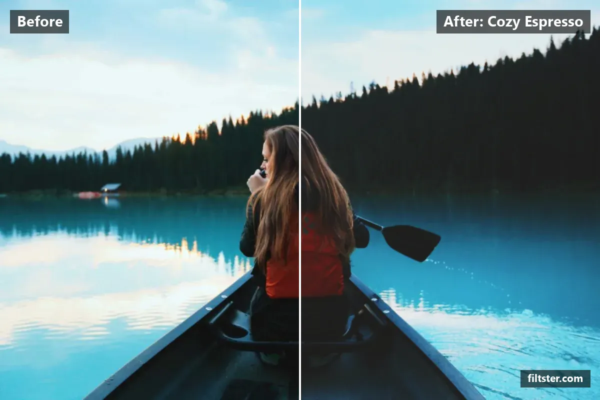 Cozy Espresso filter before and after. Lifts the blacks for a faded, matte finish, cools the colours down and adds a orange cast to the shadows.