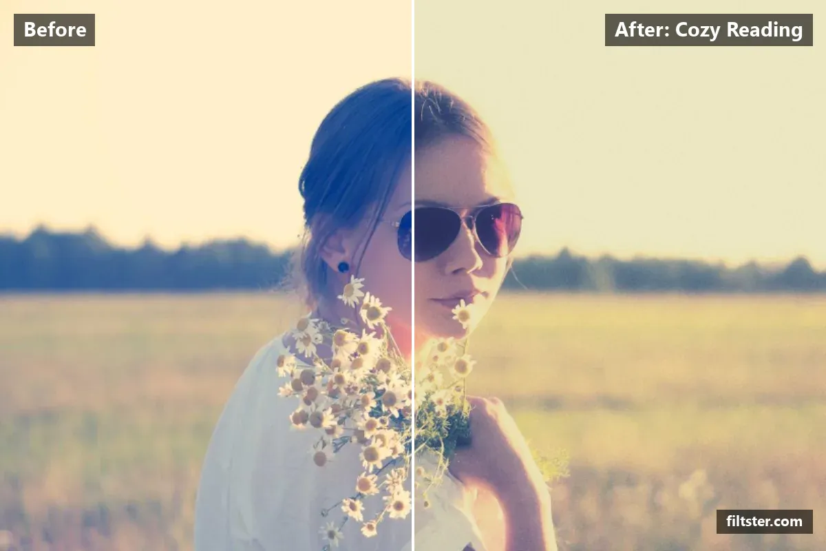 Cozy Reading filter before and after. Softens contrast, opens up the shadows, lifts the blacks for a faded, matte finish, warms up the colours, adds a golden cast to the shadows, gives a soft, dreamy glow and adds film grain.