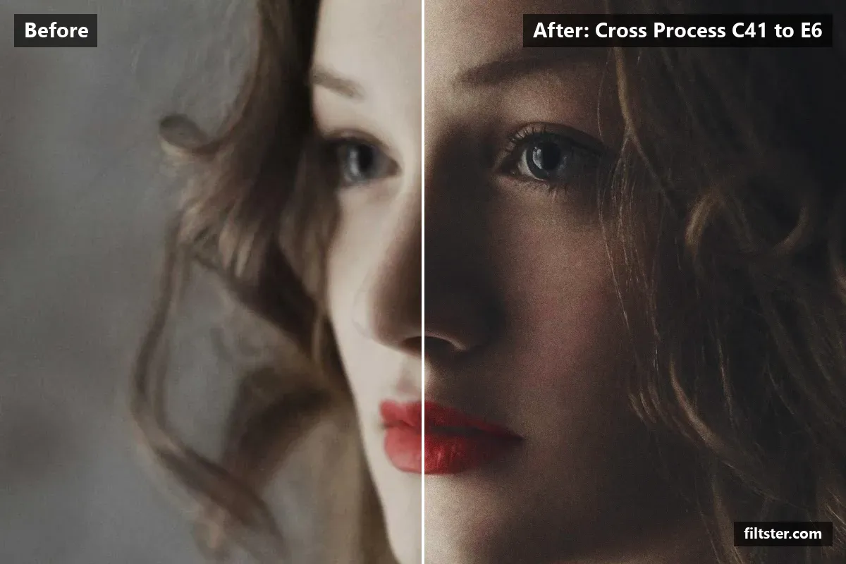 Cross Process C41 to E6 filter before and after. Adds strong contrast, lifts the blacks for a faded, matte finish, tints shadows indigo and highlights golden, adds film grain and darkens the corners with a vignette.