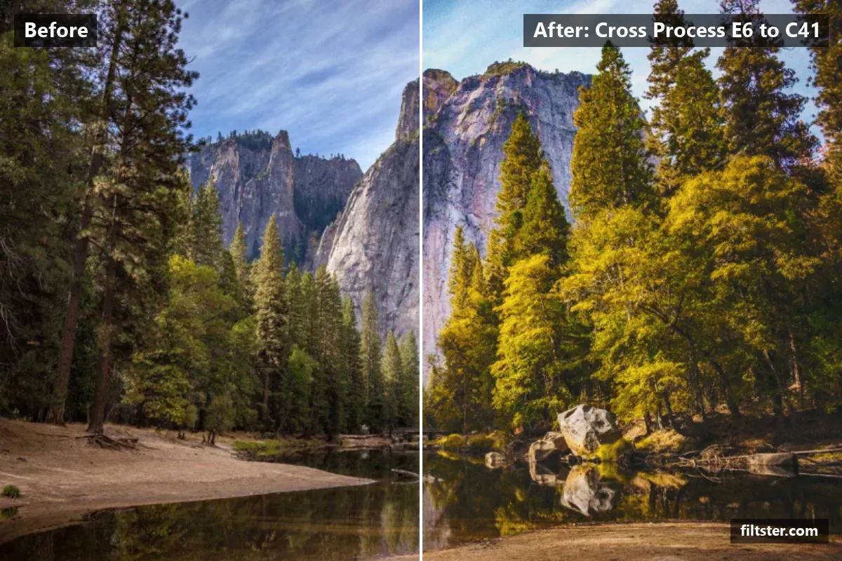 Cross Process E6 to C41 filter before and after. Adds strong contrast, opens up the shadows, lifts the blacks for a faded, matte finish, makes colours more vivid, tints shadows teal and highlights magenta, adds film grain and darkens the corners with a vignette.