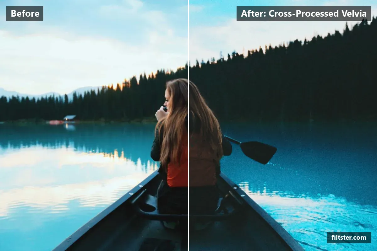 Cross-Processed Velvia filter before and after. Darkens the exposure for a moodier feel, adds strong contrast, opens up the shadows, recovers bright highlights, lifts the blacks for a faded, matte finish, tints shadows teal and highlights purple, cuts through haze and adds film grain.