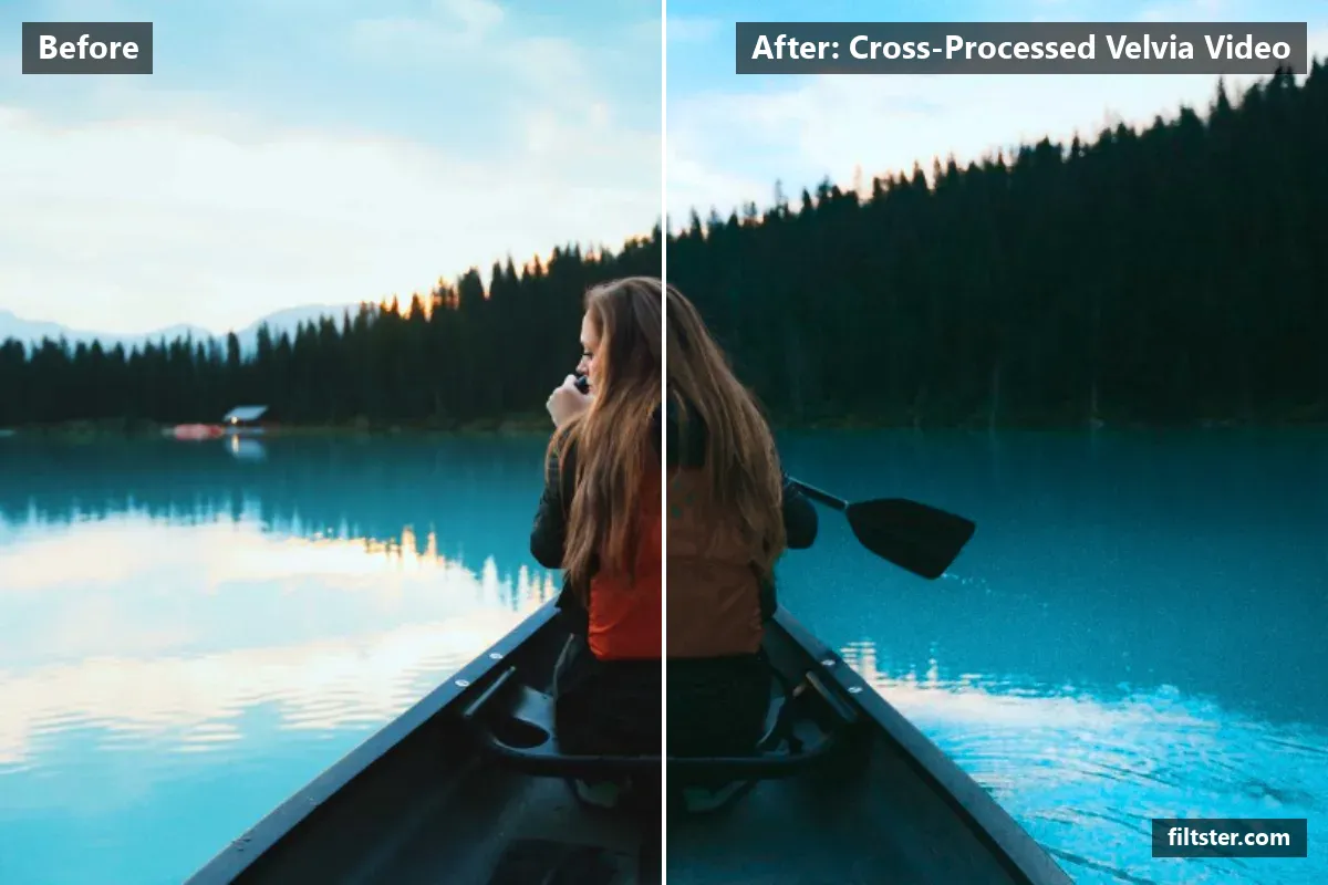 Cross-Processed Velvia Video filter before and after. Darkens the exposure for a moodier feel, adds strong contrast, opens up the shadows, recovers bright highlights, tints shadows teal and highlights purple and adds film grain.