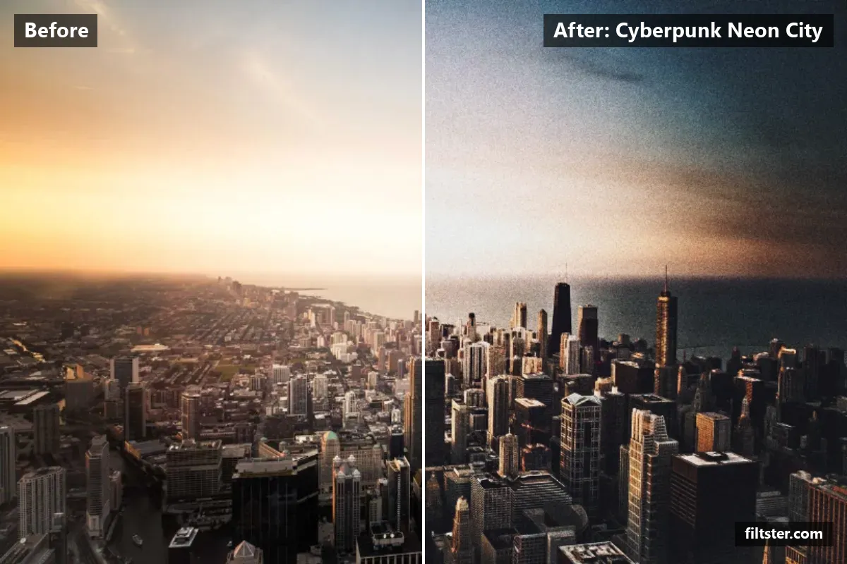 Cyberpunk Neon City filter before and after. Darkens the exposure for a moodier feel, adds strong contrast, opens up the shadows, recovers bright highlights, lifts the blacks for a faded, matte finish, tints shadows indigo and highlights magenta, sharpens mid-tone detail, cuts through haze, adds film grain and darkens the corners with a vignette.