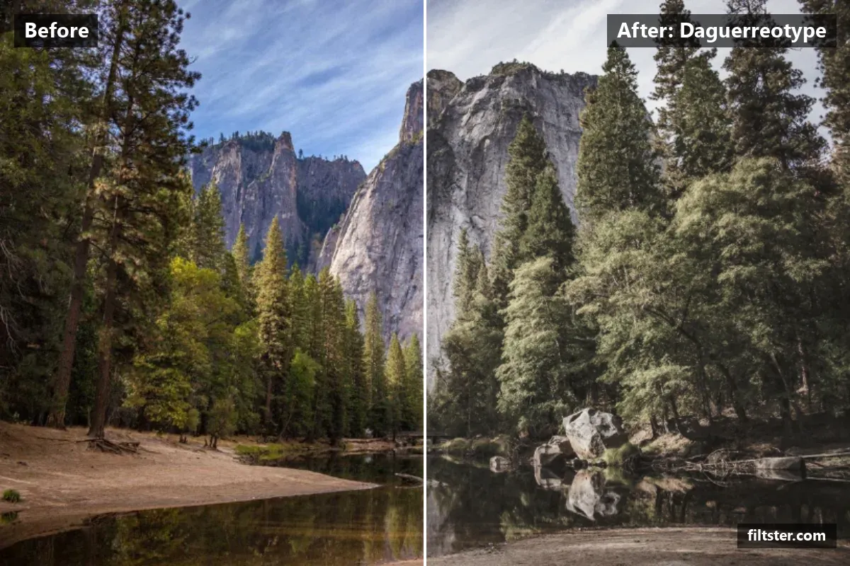 Daguerreotype filter before and after. Adds strong contrast, recovers bright highlights, lifts the blacks for a faded, matte finish, mutes the colours, adds a golden cast to the shadows, adds film grain and darkens the corners with a vignette.