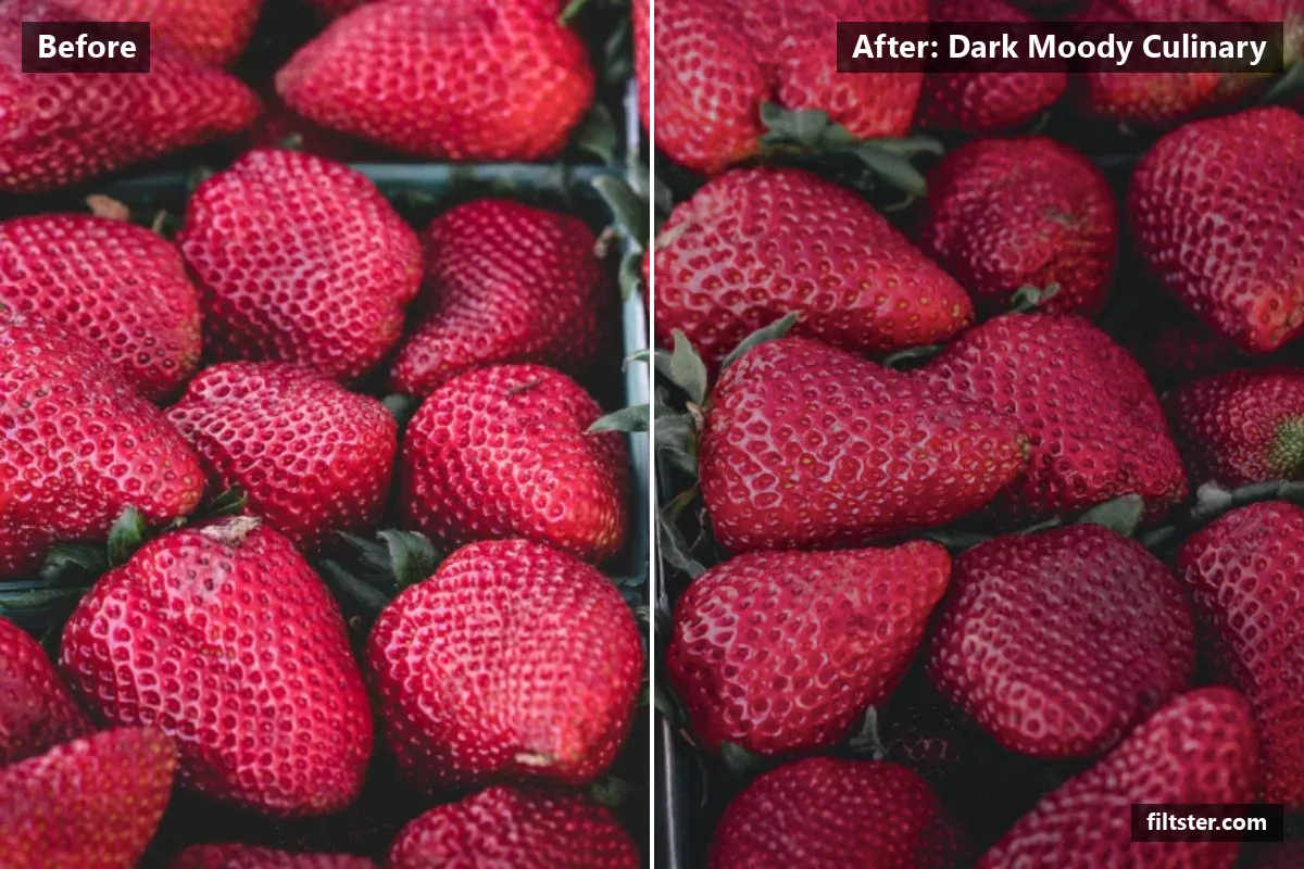 Dark Moody Culinary filter before and after. Darkens the exposure for a moodier feel, adds strong contrast, recovers bright highlights, adds a blue cast to the shadows and adds film grain.