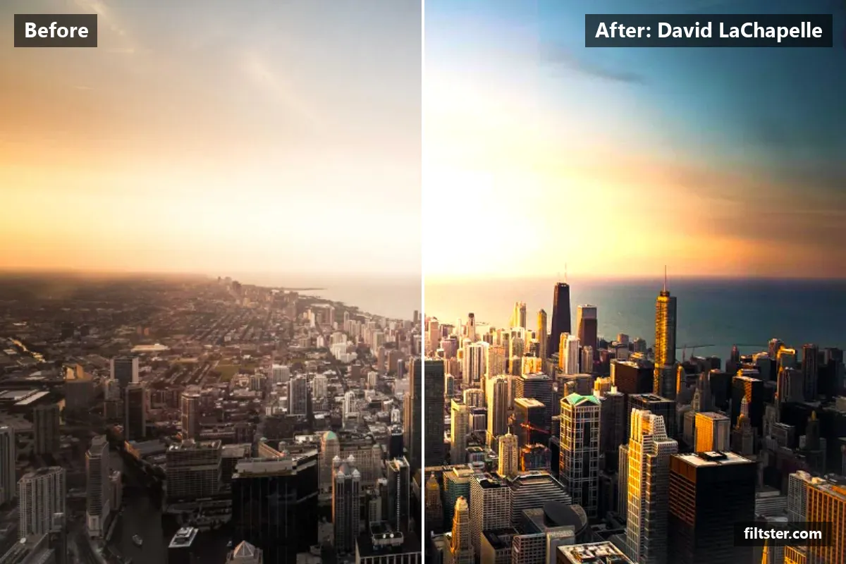 David LaChapelle filter before and after. Adds strong contrast, makes colours more vivid and tints shadows blue and highlights orange.