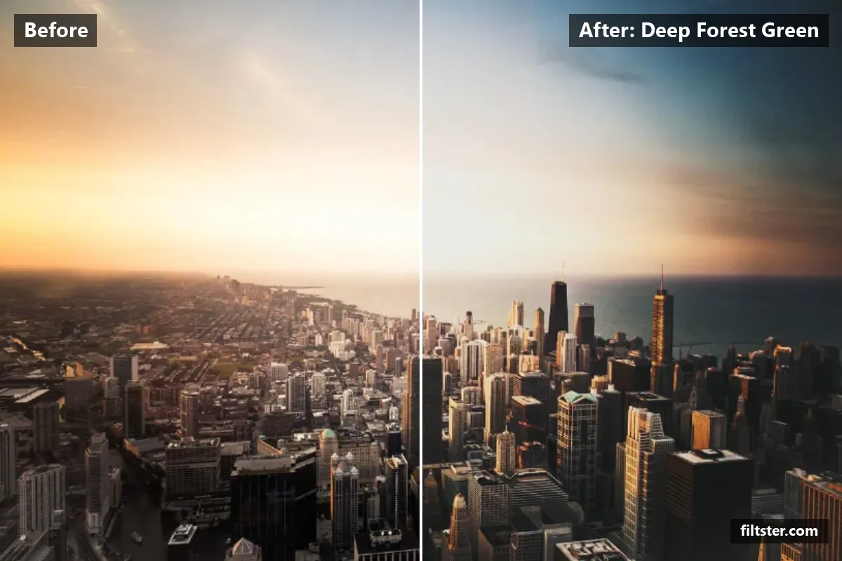 Deep Forest Green filter before and after. Lifts the blacks for a faded, matte finish.