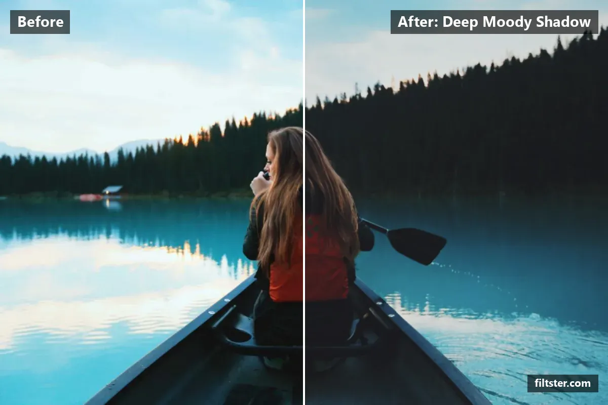 Deep Moody Shadow filter before and after. Adds strong contrast, recovers bright highlights, lifts the blacks for a faded, matte finish, mutes the colours, adds a indigo cast to the shadows and darkens the corners with a vignette.