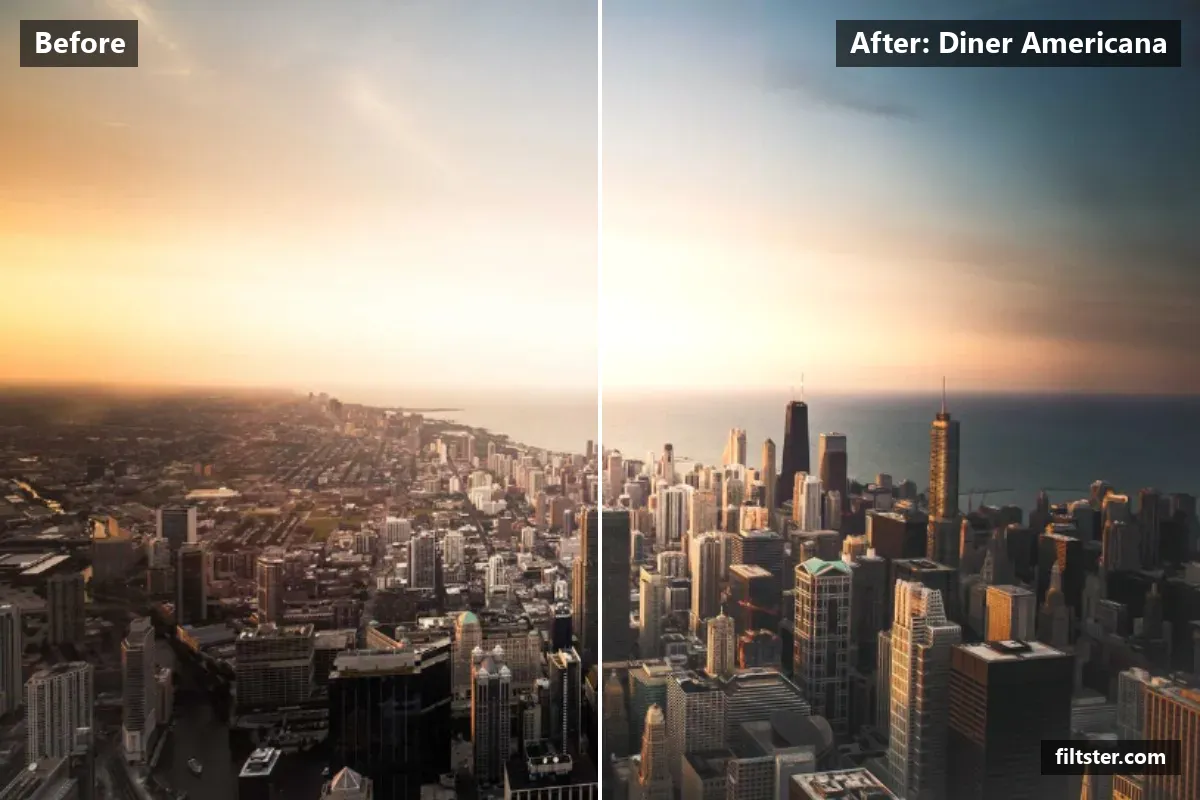 Diner Americana filter before and after. Recovers bright highlights and adds a blue cast to the shadows.