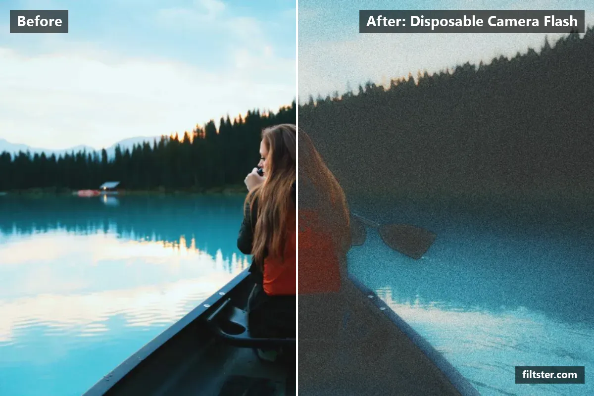 Disposable Camera Flash filter before and after. Softens contrast, opens up the shadows, recovers bright highlights, lifts the blacks for a faded, matte finish, tints shadows orange and highlights golden, gives a soft, dreamy glow, adds film grain and darkens the corners with a vignette.