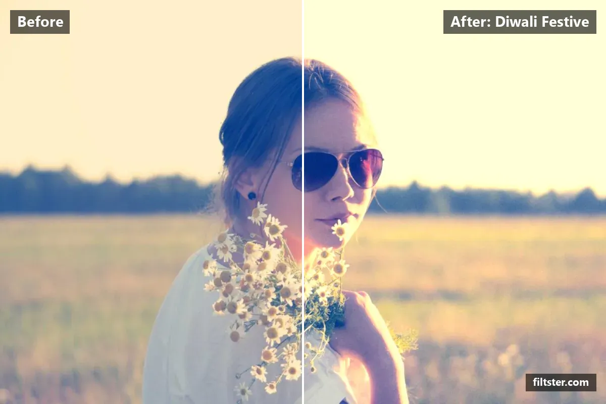 Diwali Festive filter before and after. Recovers bright highlights, tints shadows orange and highlights orange and adds film grain.